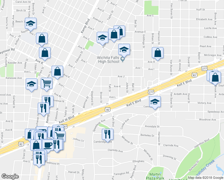 map of restaurants, bars, coffee shops, grocery stores, and more near 2105 Taft Street in Wichita Falls