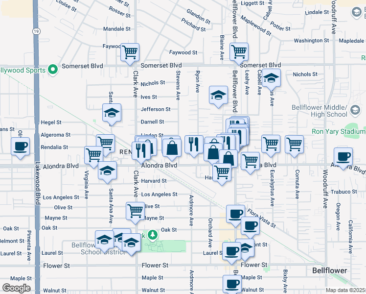 map of restaurants, bars, coffee shops, grocery stores, and more near 15728 Stevens Avenue in Bellflower