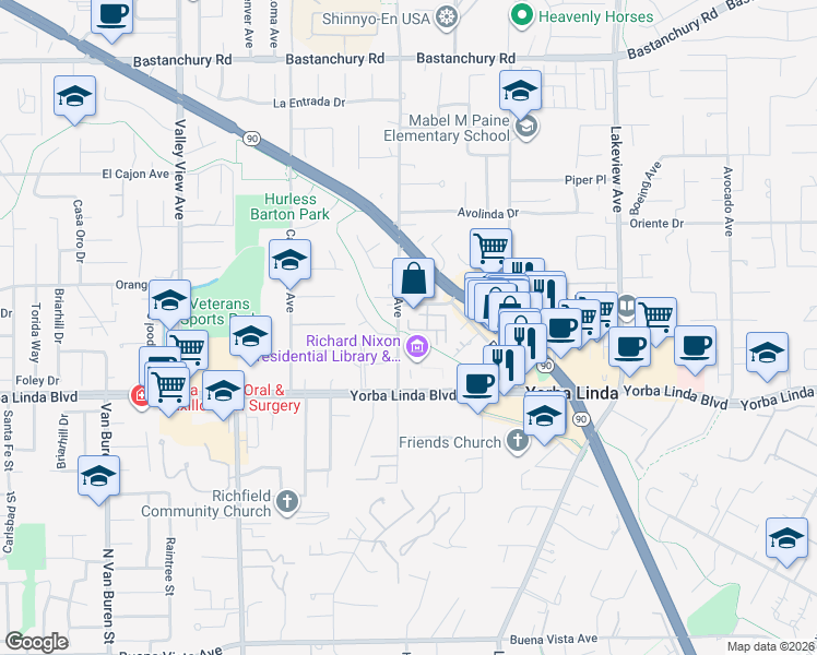 map of restaurants, bars, coffee shops, grocery stores, and more near 4845 Eisenhower Court in Yorba Linda