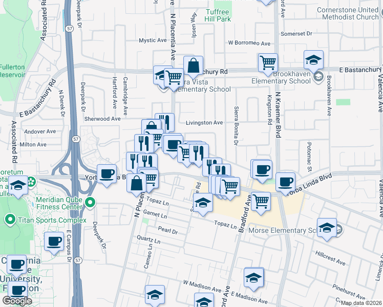 map of restaurants, bars, coffee shops, grocery stores, and more near 3110 East Palm Drive in Fullerton