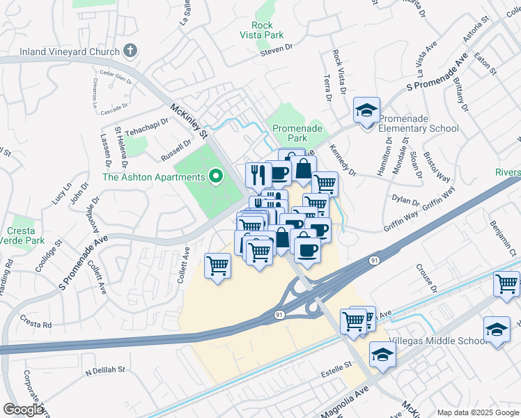 map of restaurants, bars, coffee shops, grocery stores, and more near 470 McKinley St in Corona