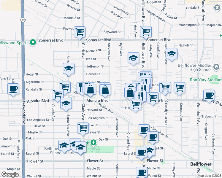 map of restaurants, bars, coffee shops, grocery stores, and more near 15728 Stevens Avenue in Bellflower