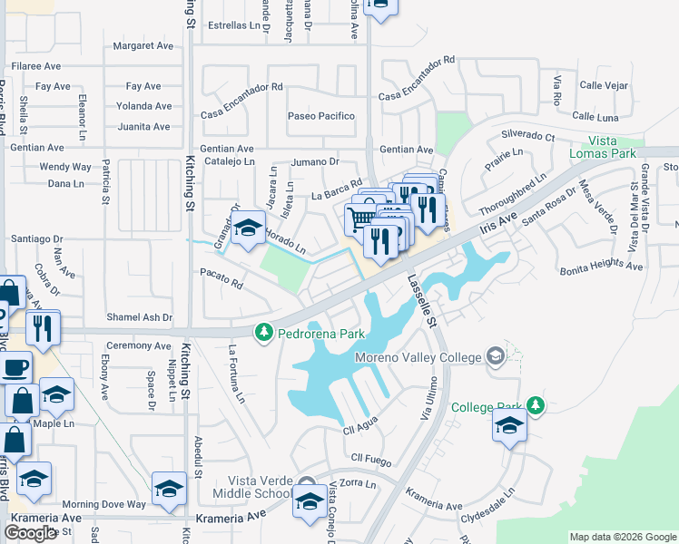map of restaurants, bars, coffee shops, grocery stores, and more near 25860 Iris Avenue in Moreno Valley