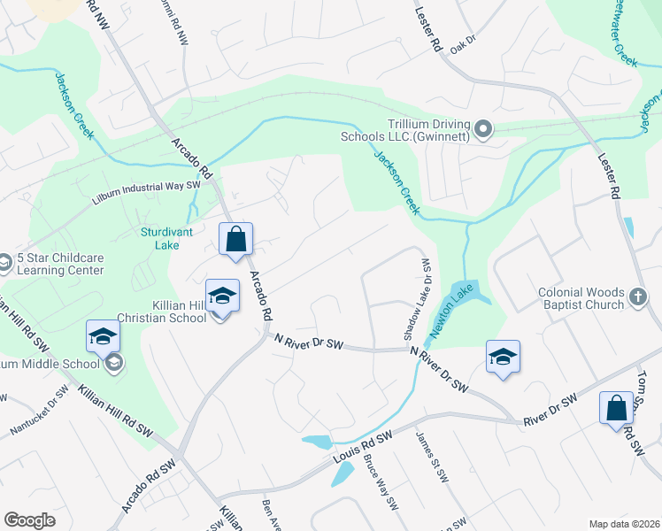 map of restaurants, bars, coffee shops, grocery stores, and more near 4104 Rivermeade Drive Southwest in Lilburn