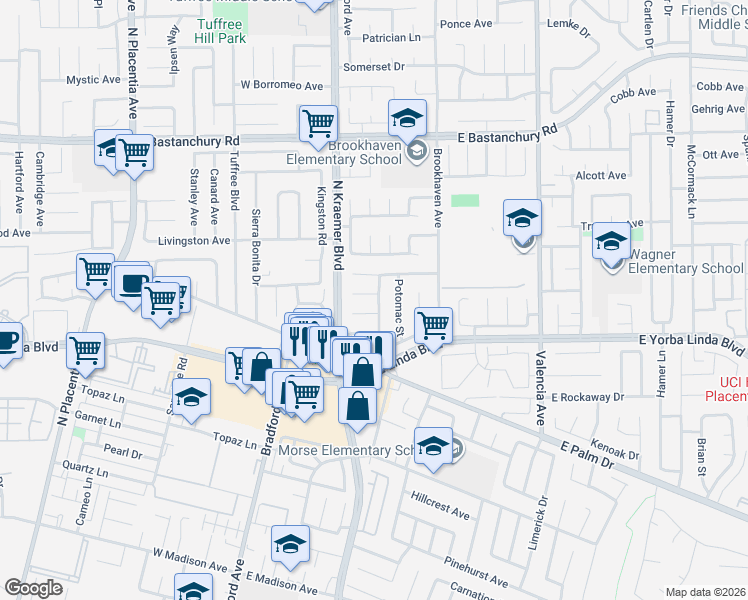 map of restaurants, bars, coffee shops, grocery stores, and more near 219 Gila Way in Placentia