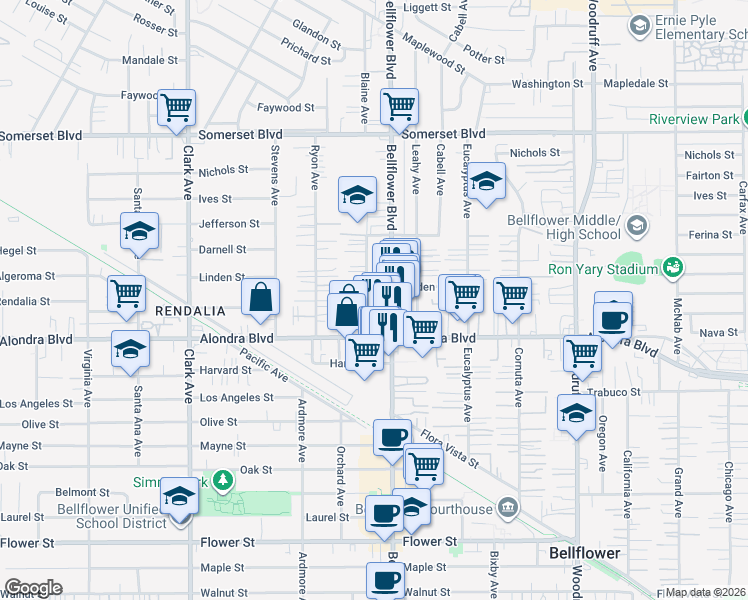map of restaurants, bars, coffee shops, grocery stores, and more near 15703 Blaine Avenue in Bellflower