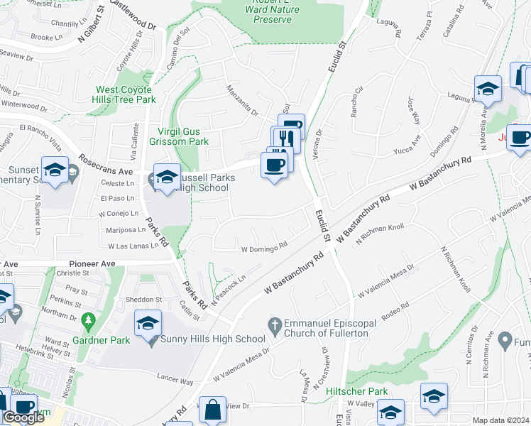 map of restaurants, bars, coffee shops, grocery stores, and more near 1229 Paseo Dorado in Fullerton