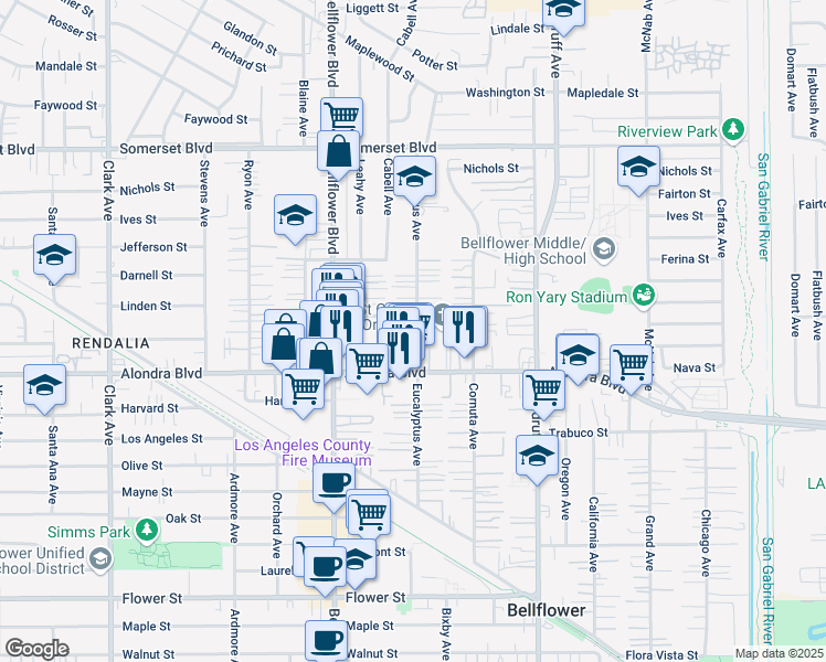 map of restaurants, bars, coffee shops, grocery stores, and more near 15719 Eucalyptus Avenue in Bellflower
