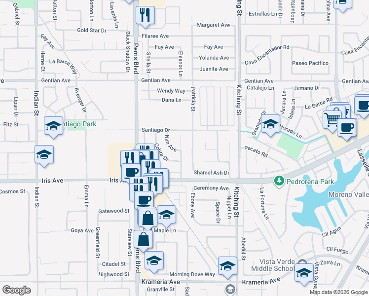 map of restaurants, bars, coffee shops, grocery stores, and more near 15810 Wedow Drive in Moreno Valley
