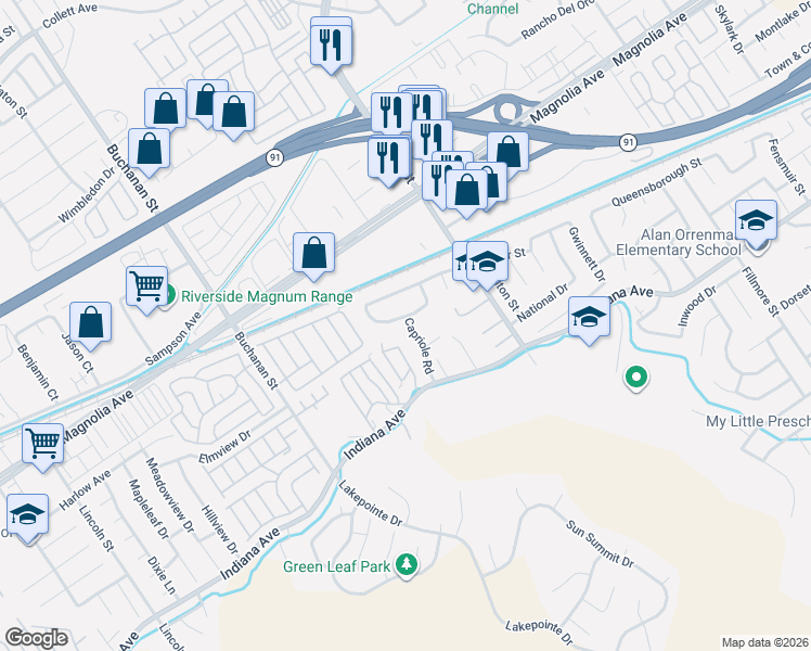 map of restaurants, bars, coffee shops, grocery stores, and more near 12037 Dressage Lane in Riverside