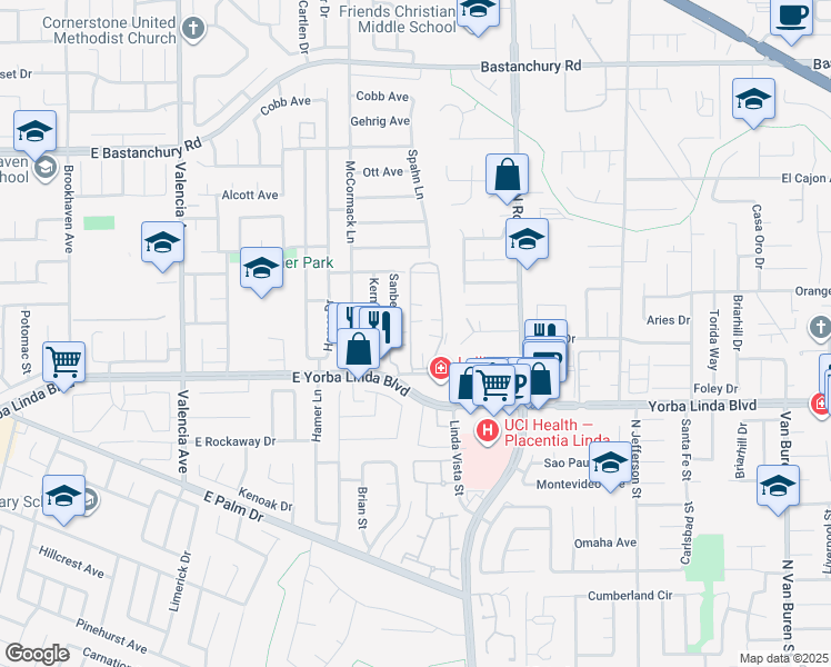 map of restaurants, bars, coffee shops, grocery stores, and more near 1548 Sherwood Village Circle in Placentia