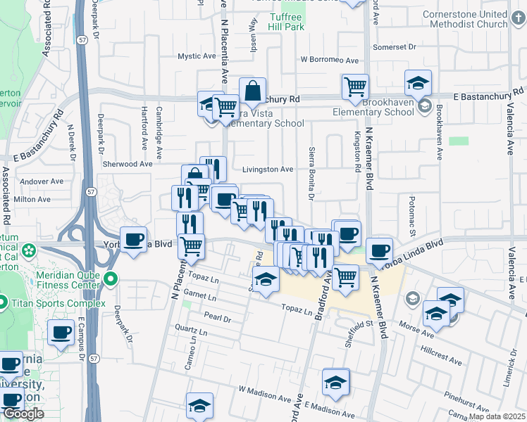 map of restaurants, bars, coffee shops, grocery stores, and more near 3160 East Palm Drive in Fullerton