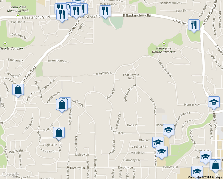 map of restaurants, bars, coffee shops, grocery stores, and more near 2220 Skyline Drive in Fullerton