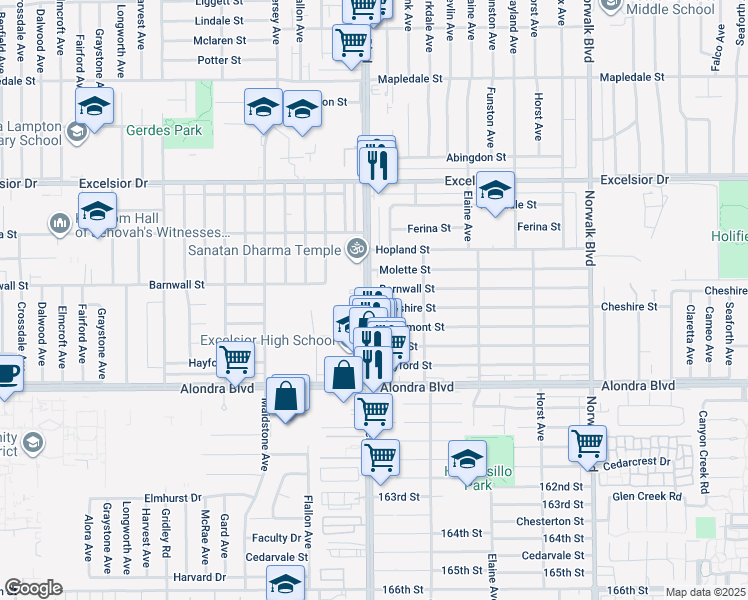 map of restaurants, bars, coffee shops, grocery stores, and more near 11826 Barnwall Street in Norwalk