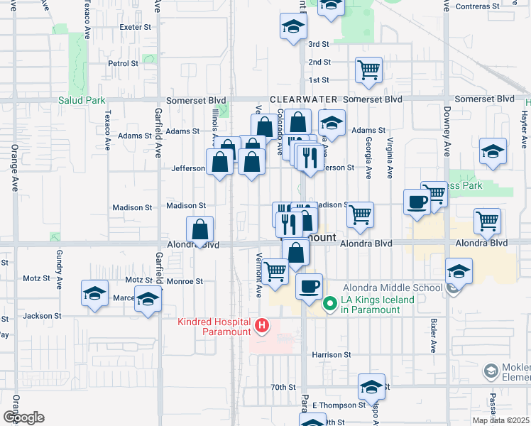 map of restaurants, bars, coffee shops, grocery stores, and more near 7800 Madison Street in Paramount