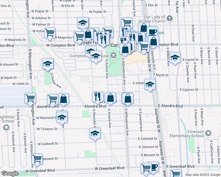 map of restaurants, bars, coffee shops, grocery stores, and more near 208 West Indigo Street in Compton