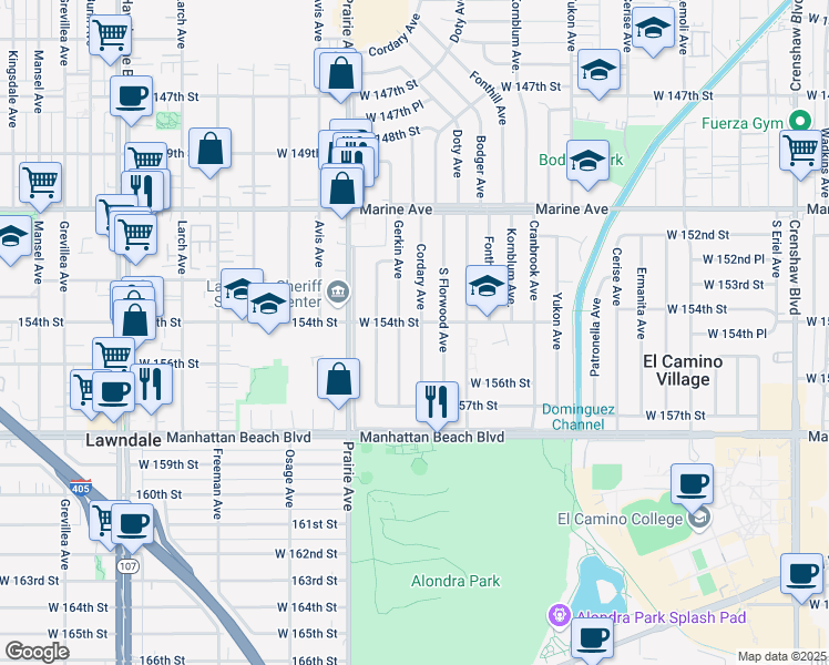 map of restaurants, bars, coffee shops, grocery stores, and more near 15403 Cordary Avenue in Lawndale