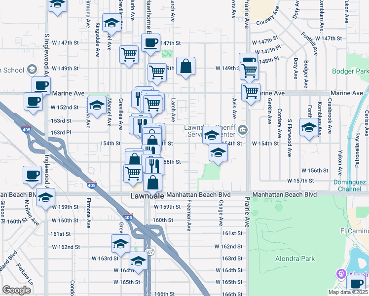 map of restaurants, bars, coffee shops, grocery stores, and more near 4229 154th Street in Lawndale