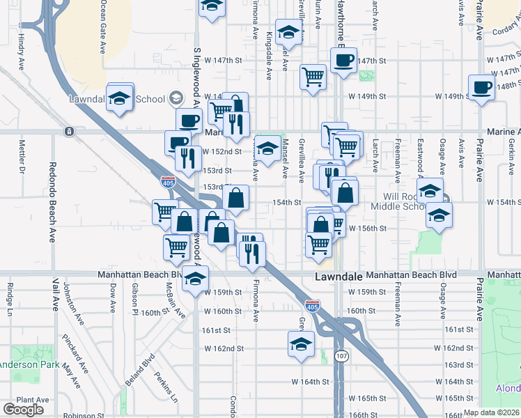map of restaurants, bars, coffee shops, grocery stores, and more near 4574 154th Street in Lawndale