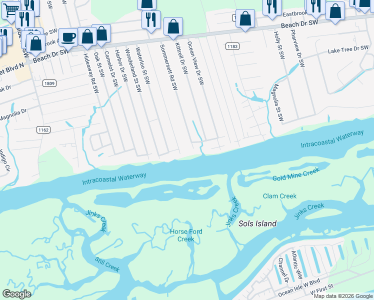 map of restaurants, bars, coffee shops, grocery stores, and more near 2029 Whispering Pine Street Southwest in Ocean Isle Beach