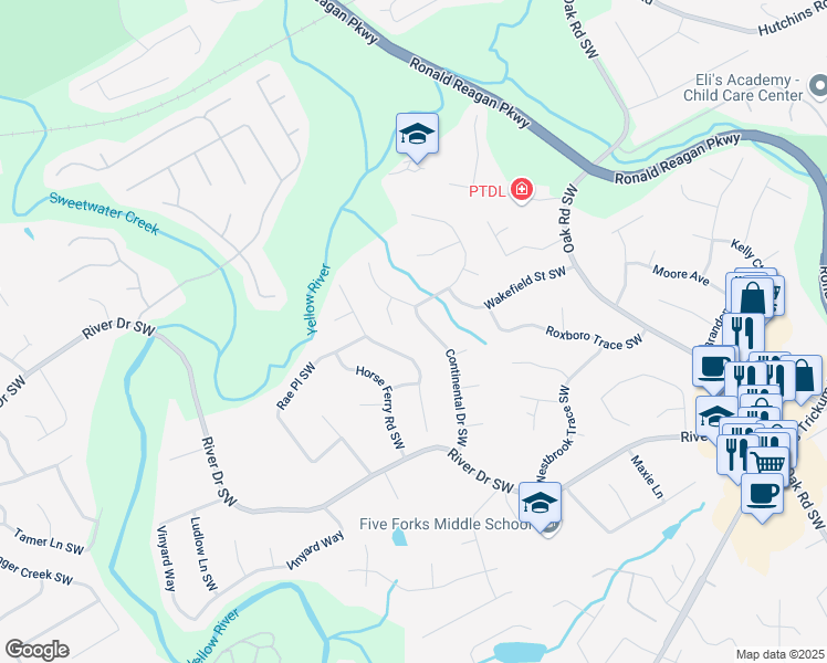 map of restaurants, bars, coffee shops, grocery stores, and more near 604 Continental Drive Southwest in Lawrenceville
