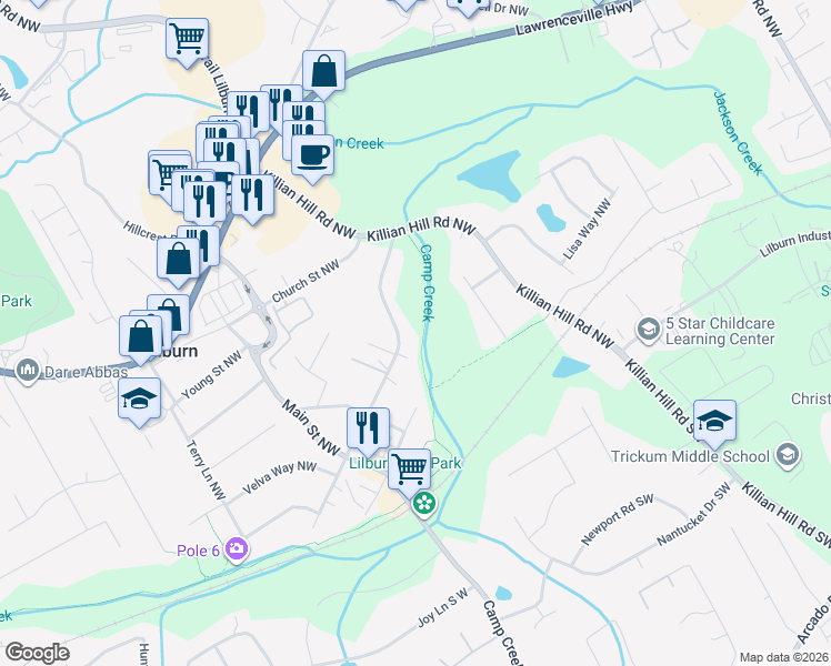 map of restaurants, bars, coffee shops, grocery stores, and more near 198 1st Avenue Northwest in Lilburn