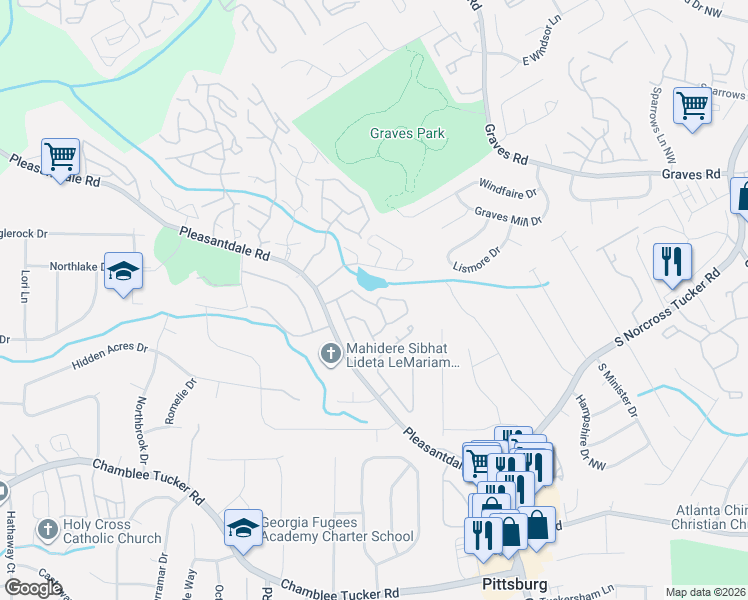 map of restaurants, bars, coffee shops, grocery stores, and more near 3993 Bayside Circle in Atlanta