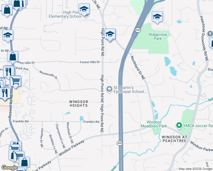 map of restaurants, bars, coffee shops, grocery stores, and more near 220 High Point Walk Northeast in Atlanta