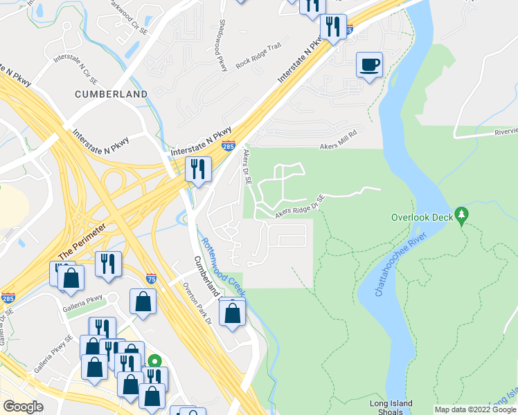 map of restaurants, bars, coffee shops, grocery stores, and more near 100 Akers Ridge Drive Southeast in Atlanta