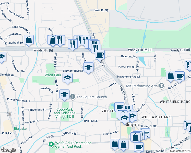 map of restaurants, bars, coffee shops, grocery stores, and more near 229 Dellwood Drive in Smyrna