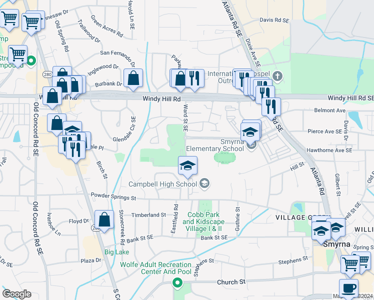 map of restaurants, bars, coffee shops, grocery stores, and more near Belmont Boulevard Southeast in Smyrna