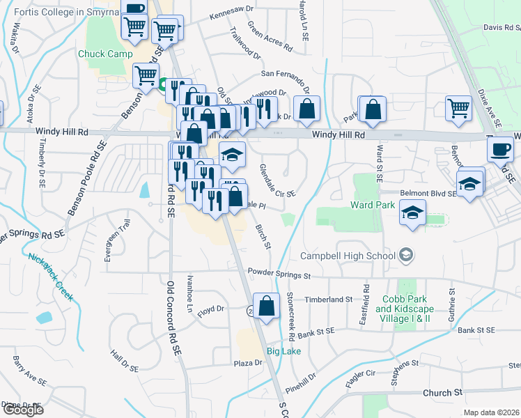 map of restaurants, bars, coffee shops, grocery stores, and more near 2488 Glendale Circle Southeast in Smyrna