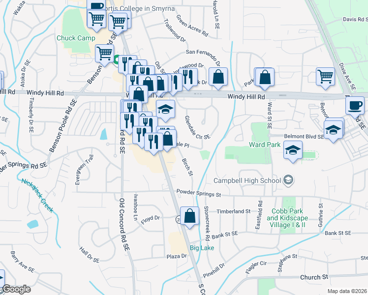 map of restaurants, bars, coffee shops, grocery stores, and more near 600 Glendale Place in Smyrna