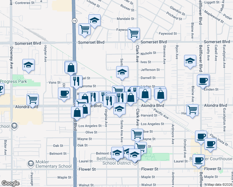 map of restaurants, bars, coffee shops, grocery stores, and more near 15754 Faculty Avenue in Bellflower