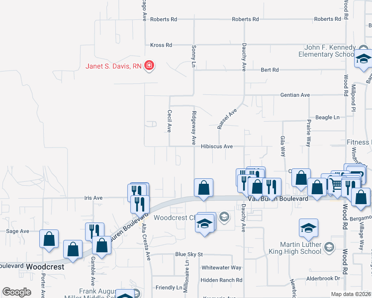 map of restaurants, bars, coffee shops, grocery stores, and more near 18213 Hibiscus Avenue in Riverside