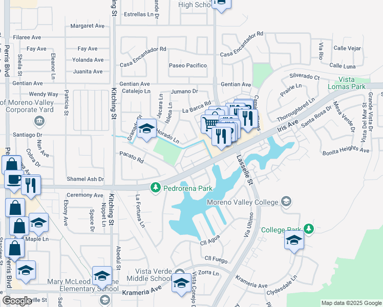 map of restaurants, bars, coffee shops, grocery stores, and more near 25880 Iris Avenue in Moreno Valley