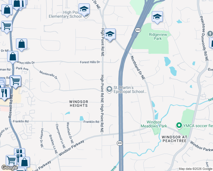map of restaurants, bars, coffee shops, grocery stores, and more near 220 High Point Walk Northeast in Atlanta