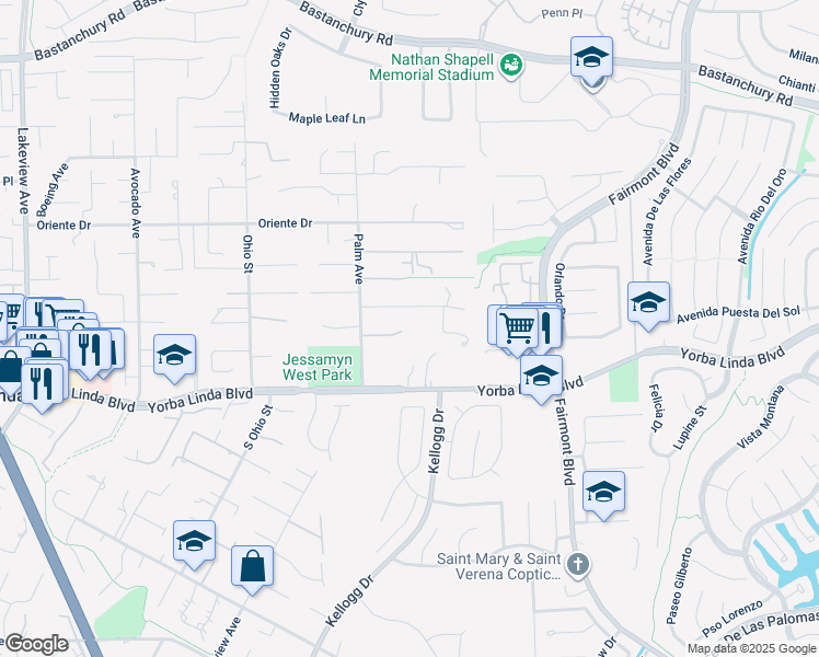 map of restaurants, bars, coffee shops, grocery stores, and more near 19369 Easy Street in Yorba Linda