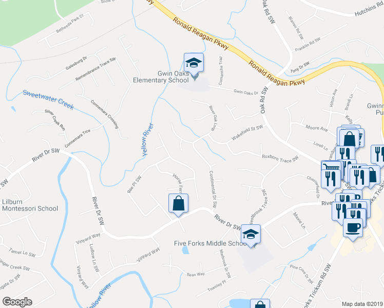 map of restaurants, bars, coffee shops, grocery stores, and more near 604 Continental Drive Southwest in Lawrenceville