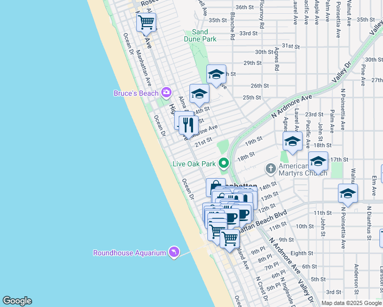 map of restaurants, bars, coffee shops, grocery stores, and more near 2121 Highland Avenue in Manhattan Beach