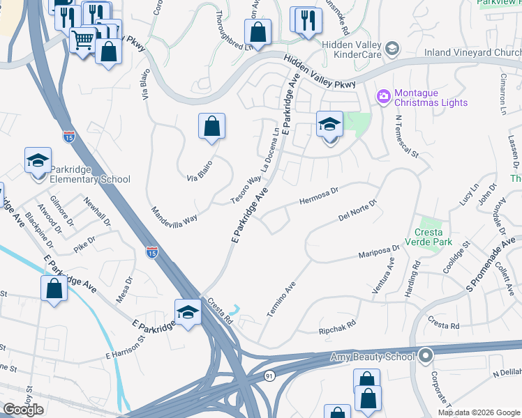 map of restaurants, bars, coffee shops, grocery stores, and more near 1323 Hermosa Drive in Corona