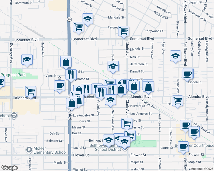 map of restaurants, bars, coffee shops, grocery stores, and more near 15754 Faculty Avenue in Bellflower