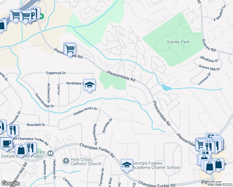 map of restaurants, bars, coffee shops, grocery stores, and more near 3798 Valley Bluff Drive in Atlanta