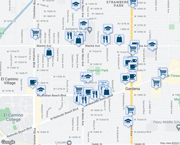 map of restaurants, bars, coffee shops, grocery stores, and more near 15408 Haas Avenue in Gardena