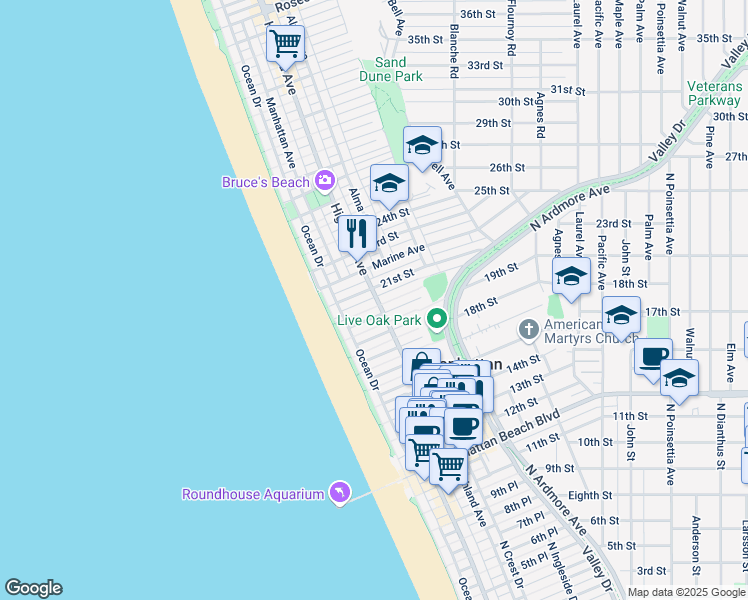 map of restaurants, bars, coffee shops, grocery stores, and more near 2007 Highland Avenue in Manhattan Beach