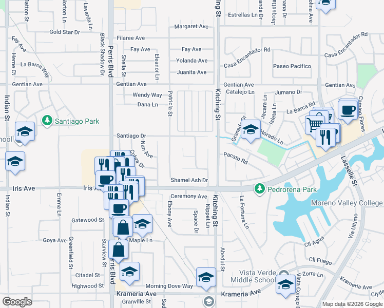 map of restaurants, bars, coffee shops, grocery stores, and more near 15763 Farmstead Street in Moreno Valley