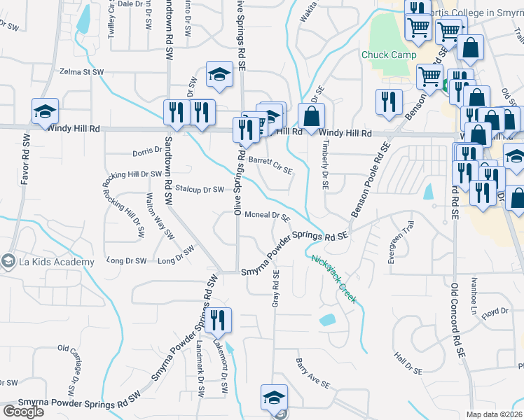 map of restaurants, bars, coffee shops, grocery stores, and more near 49 Mcneal Drive Southeast in Marietta