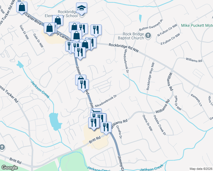 map of restaurants, bars, coffee shops, grocery stores, and more near 6102 Queen Anne Court in Norcross
