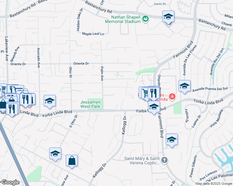 map of restaurants, bars, coffee shops, grocery stores, and more near 19369 Easy Street in Yorba Linda