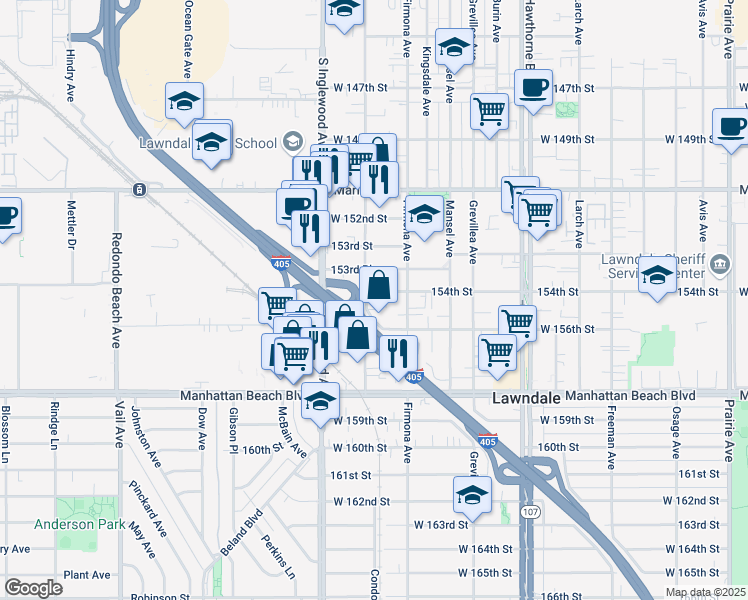 map of restaurants, bars, coffee shops, grocery stores, and more near 4640 154th Street in Lawndale